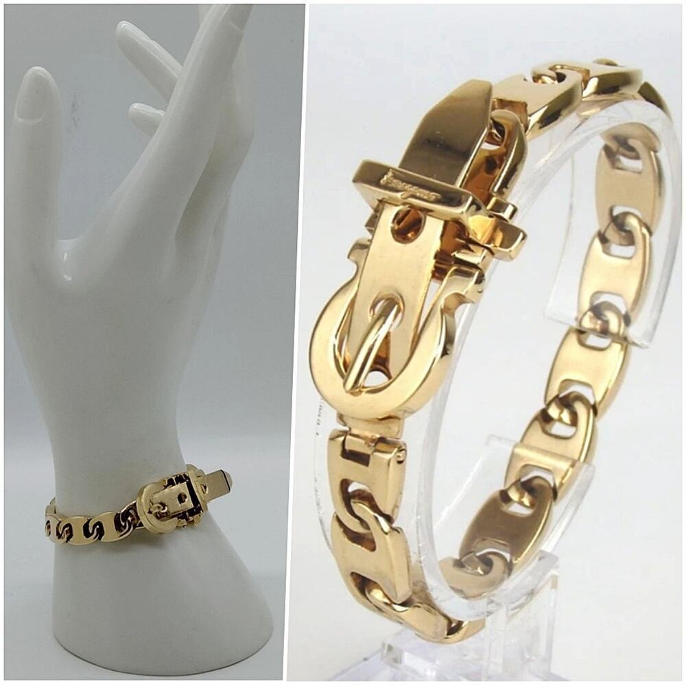 Ferragamo Gold Vara Buckle Interlinked Chain Bracelet Mint Rare - Picture 2 of 9